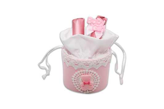 Baby Girl Small Basket Pink and White - Decorated Toy Favor