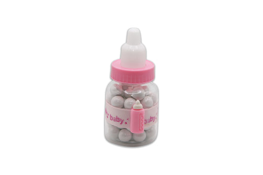 Baby Bottle with Pink Baby Bottle and Baby Girl Ribbon Wrap - White Sixlets Chocolate - Decorated Toy Favor