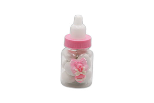 Baby Bottle with Pink and White Rattle and Pink Bow - White Jordan Almonds - Decorated Toy Favor