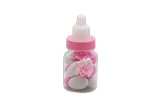 Baby Bottle with White and Pink Pacifiers and Pink Bow - White & Pink Jordan Almonds - Decorated Toy Favor