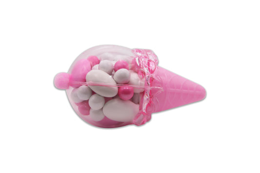 Pink Ice Cream Cone with Pink Pom Pom - Pink and White Sixlets Candies and Jordan Almonds