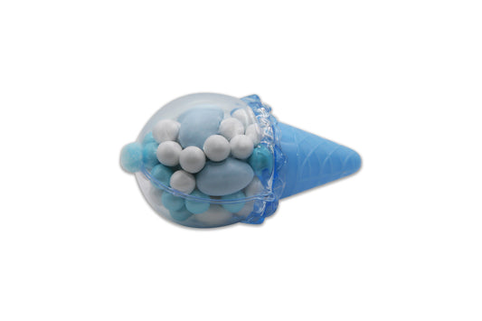 Blue Ice Cream Cone with Blue Pom Pom - Blue and White Jordan Almonds and Sixlets Shimmer Chocolety Candies