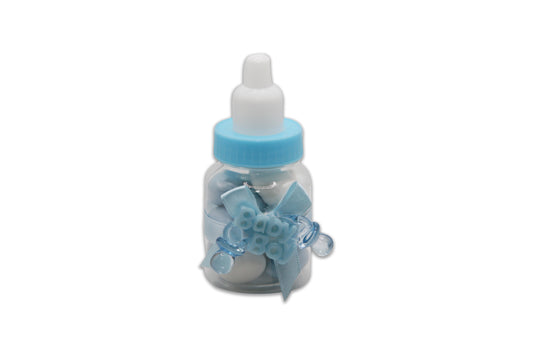 Baby Bottle with Acrylic Blue Twin Pacifiers and Blue Ribbon and Bow Wrap - Blue & White Jordan Almonds - Decorated Toy Favor