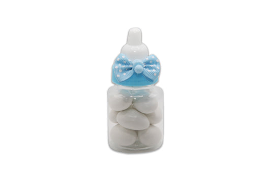 Baby Bottle with Blue Pacifier and Blue Cute Bow - White Jordan Almonds - Decorated Toy Favor