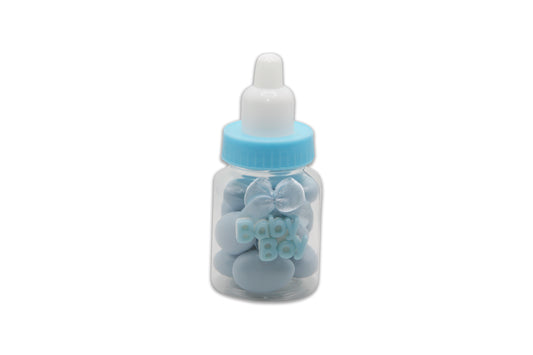 Baby Bottle with Baby Boy sign and Blue Bow - Blue Jordan Almonds - Decorated Toy Favor