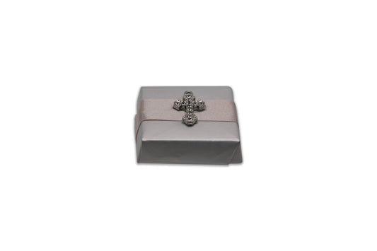 Silver Traditional Cross with Diamonds -Beige Ribbon - Christening Decorated Chocolate Favor