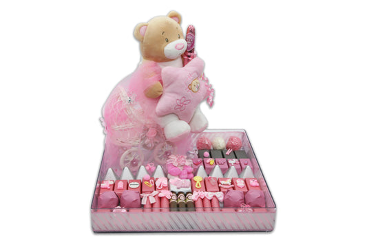 Personalized Girls Teddy Bear and Cute Stroller  - Baby Girl Chocolate Gift Arrangement