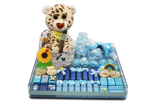 Cute Leopard in Basket -  Baby Boy Chocolate Gift Arrangement